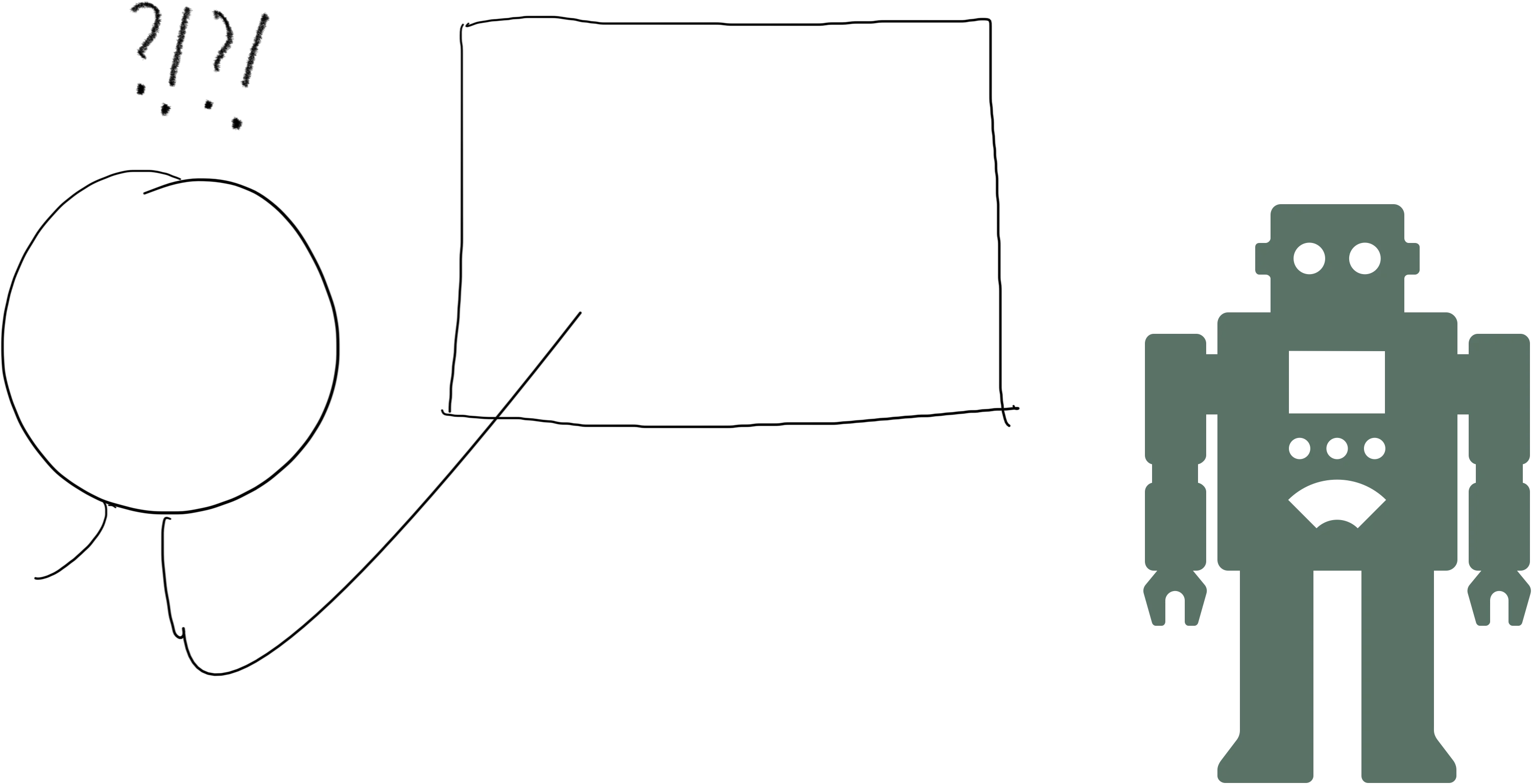 Hand-drawn sketch of a confused stick figure with question marks and exclamation points over its head, a screen between the stick figure and a robot on the other side surrounded by binary code: 01111001 01101111 01110101 00100111 01110010 01100101 00100000 01110011 01110000 01101111 01110100 00100000 01101111 01101110 00100000 01110111 01101001 01110100 01101000 00100000 01110100 01101000 01100001 01110100.
