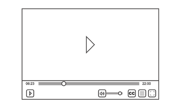 Video player shows a typical layout with large triangular play button, timeline scrubber, play button, volume slider, mute/unmute button, closed caption button, transcript button and a full screen button.